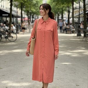 August Silk Coral Long Sleeve Dress